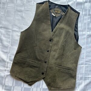 Don’t Stop Vintage Olive Green and Black Leather Vest with Cinch Back